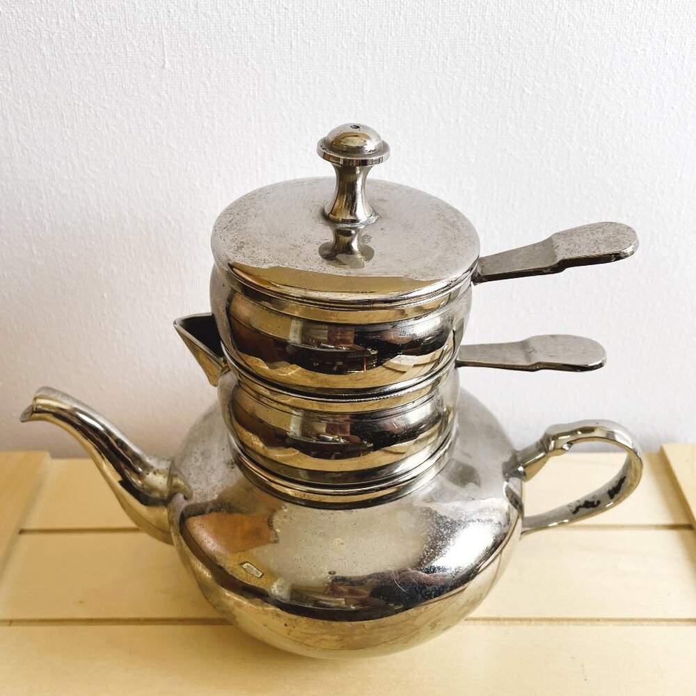 Stacking Silver Plate Vintage Teapot Cream and Sugar Set